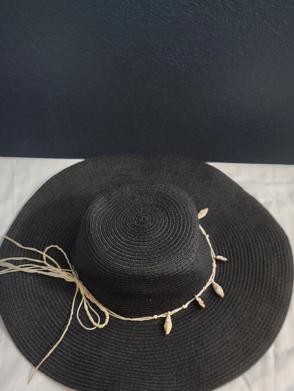 Steve Madden Black Wide-Brim Straw Hat with Shell Accent